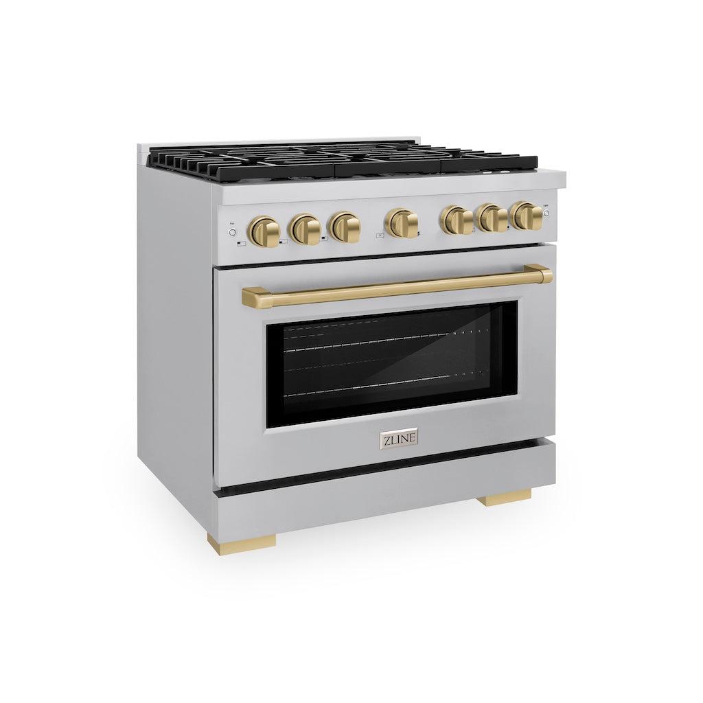 ZLINE AutographEdition 36 in. 5.2 cu. ft. 6 Burner Gas Range with Convection Gas Oven in Stainless Steel and Champagne Bronze Accents - Stainless Steel (SGRZ36CB)