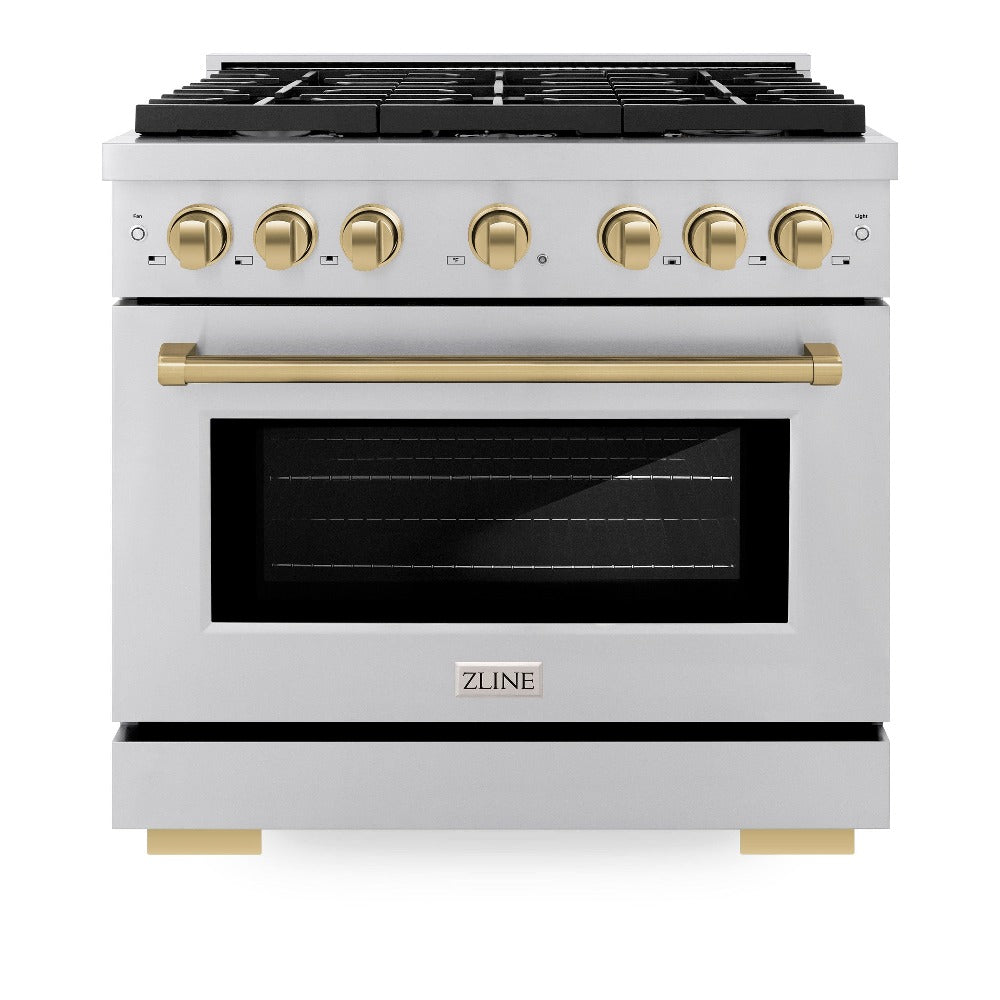 ZLINE AutographEdition 36 in. 5.2 cu. ft. 6 Burner Gas Range with Convection Gas Oven in Stainless Steel and Champagne Bronze Accents - Stainless Steel (SGRZ36CB)
