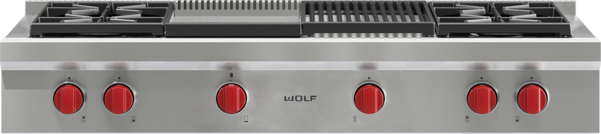Wolf 48" Sealed Burner Rangetop - 4 Burners, Infrared Charbroiler and Infrared Griddle - Stainless Steel (SRT484CG)