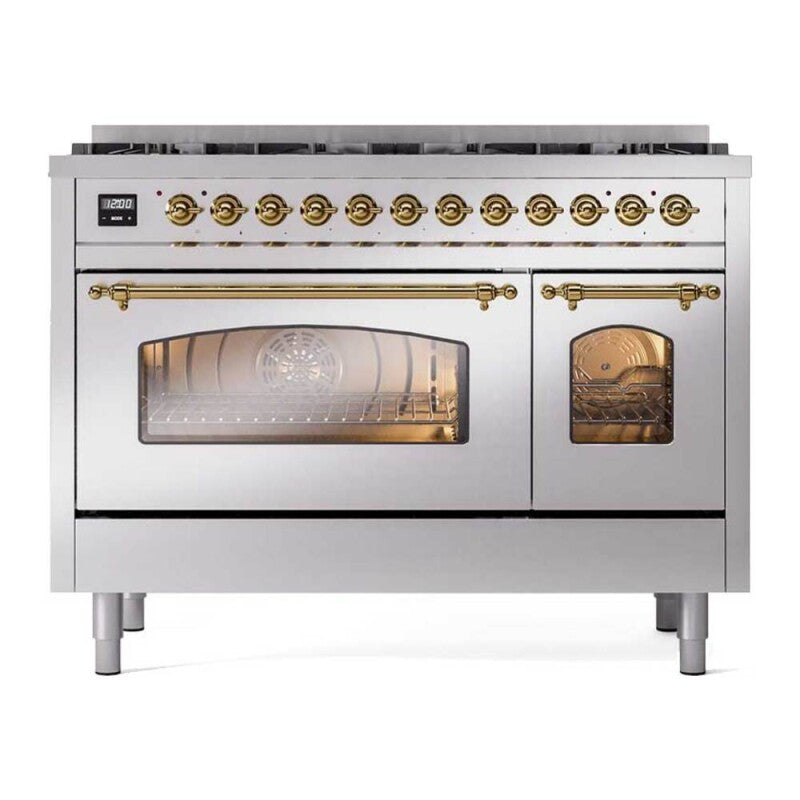 ILVE  Nostalgie II 48 inch Dual Fuel Range with 8 Black Sealed Burners, Trim - Stainless Steel (UP488NMPSSG)