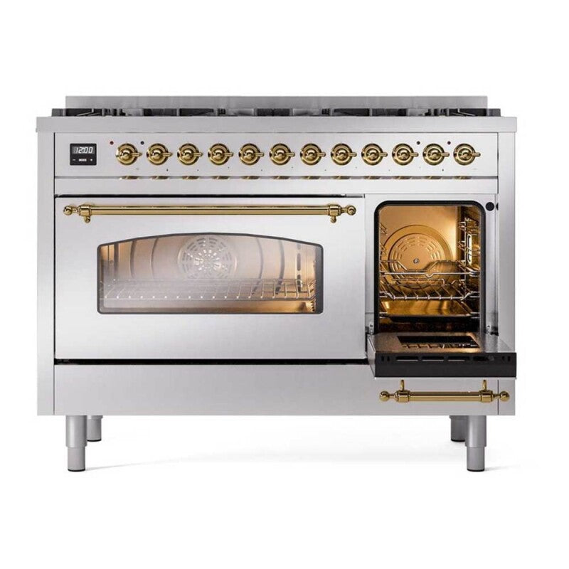 ILVE  Nostalgie II 48 inch Dual Fuel Range with 8 Black Sealed Burners, Trim - Stainless Steel (UP488NMPSSG)
