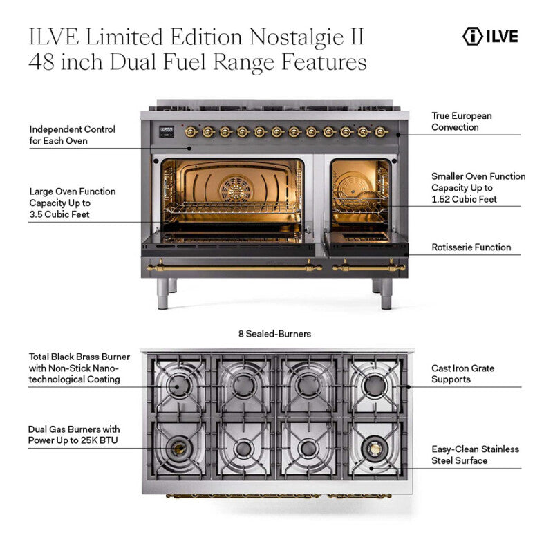 ILVE  Nostalgie II 48 inch Dual Fuel Range with 8 Black Sealed Burners, Trim - Stainless Steel (UP488NMPSSG)