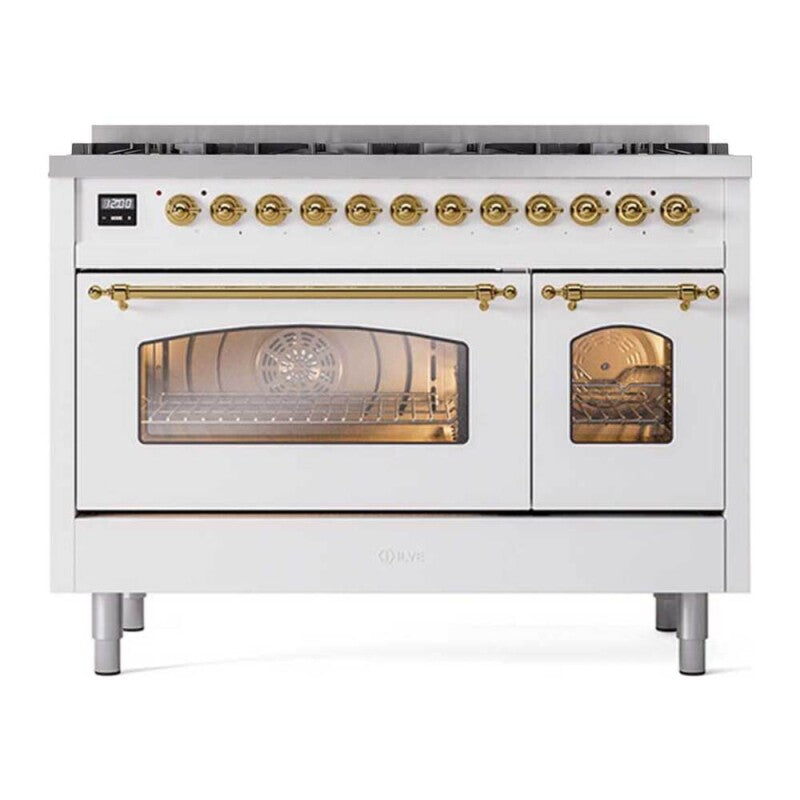 ILVE  Nostalgie II 48 inch Dual Fuel Range with 8 Black Sealed Burners, Trim - White (UP488NMPWHG)