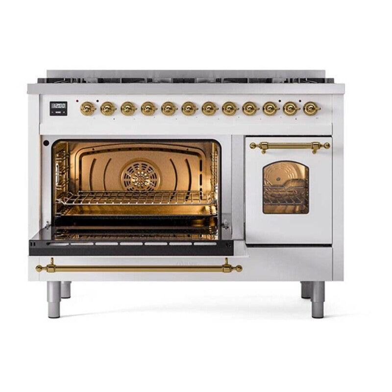 ILVE  Nostalgie II 48 inch Dual Fuel Range with 8 Black Sealed Burners, Trim - White (UP488NMPWHG)
