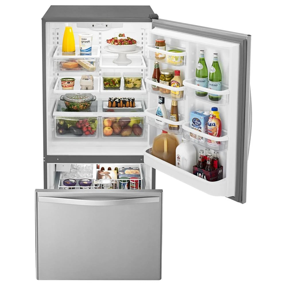 WHIRLPOOL  30-inches wide Bottom-Freezer Refrigerator with SpillGuard™ Glass Shelves - 18.7 cu. ft. - Monochromatic Stainless Steel (WRB329DMBM)