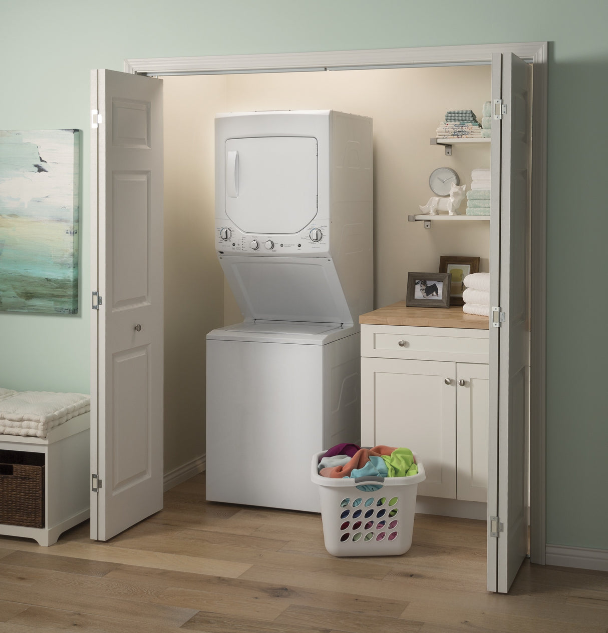 GE APPLIANCES GE Unitized Spacemaker(R) 2.3 cu. ft. Capacity Washer with Stainless Steel Basket and 4.4 cu. ft. Capacity Electric Dryer -  (GUD24ESSMWW)