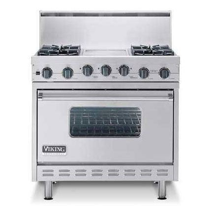VIKING Stainless Steel 36" Open Burner Dual Fuel Range - VDSC (36" wide range with four burners, 12" wide griddle/simmer plate, single oven) -  (VDSC3654GSS)