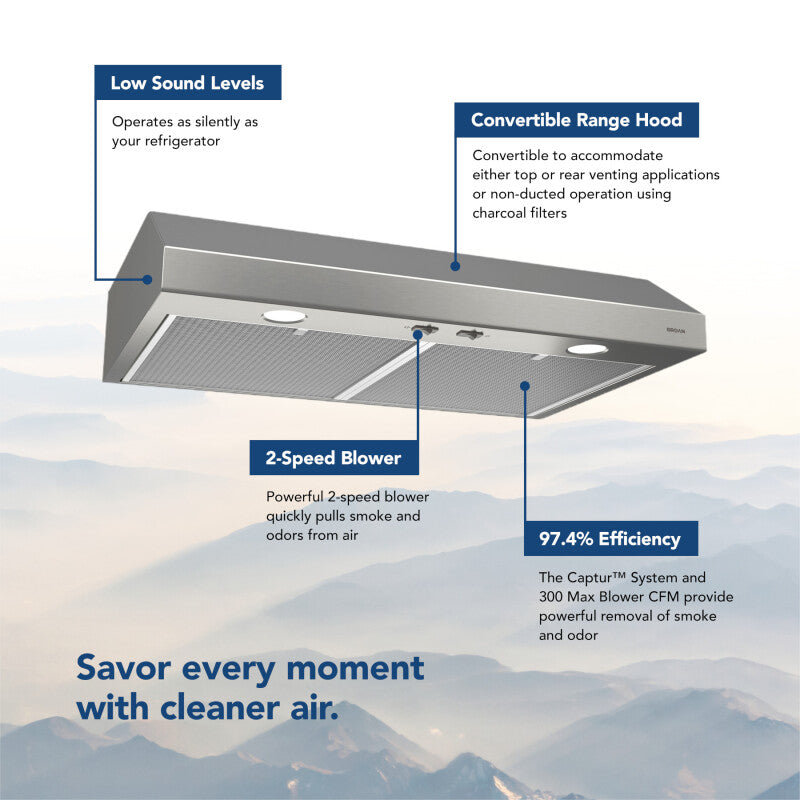BROAN Glacier 30-Inch 300 Max Blower CFM 5 Sones Stainless Steel Range Hood -  (BCSD130SS)