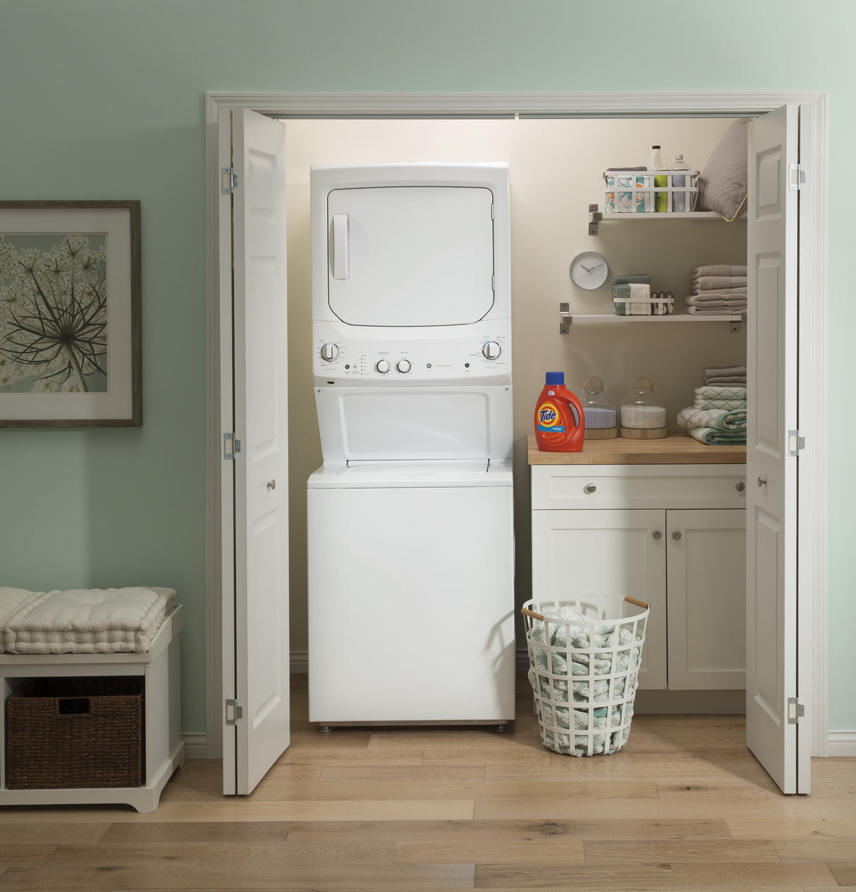 GE APPLIANCES GE Unitized Spacemaker(R) 3.8 cu. ft. Capacity Washer with Stainless Steel Basket and 5.9 cu. ft. Capacity Long Vent Electric Dryer -  (GUV27ESSMWW)