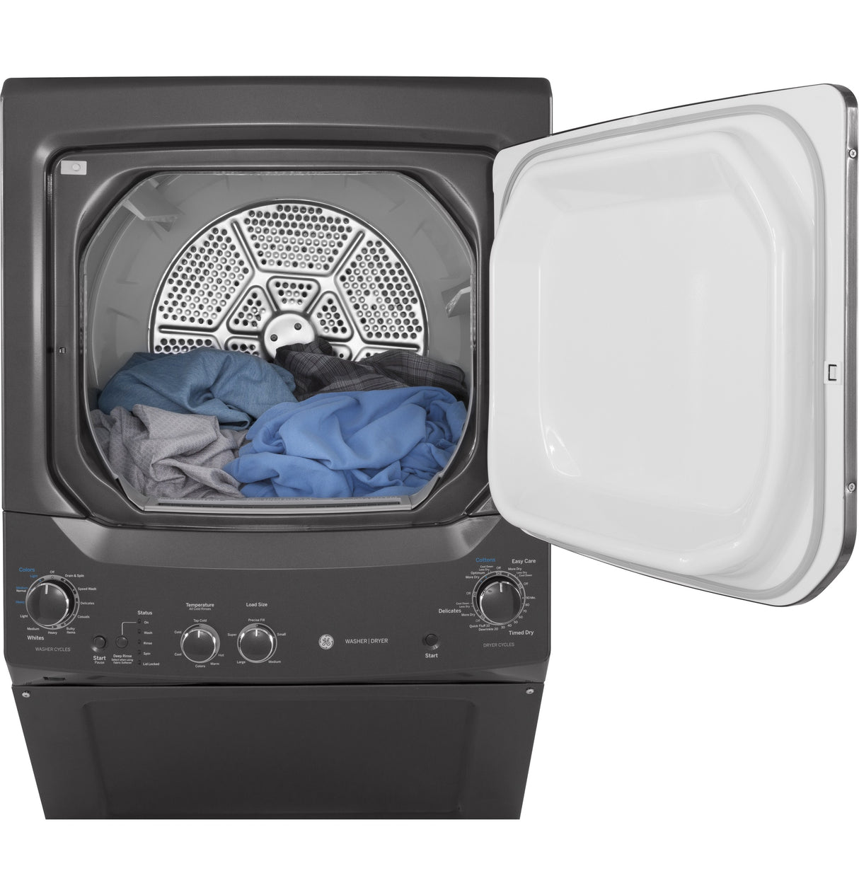 GE APPLIANCES GE Unitized Spacemaker(R) 3.8 cu. ft. Capacity Washer with Stainless Steel Basket and 5.9 cu. ft. Capacity Gas Dryer -  (GUD27GSPMDG)